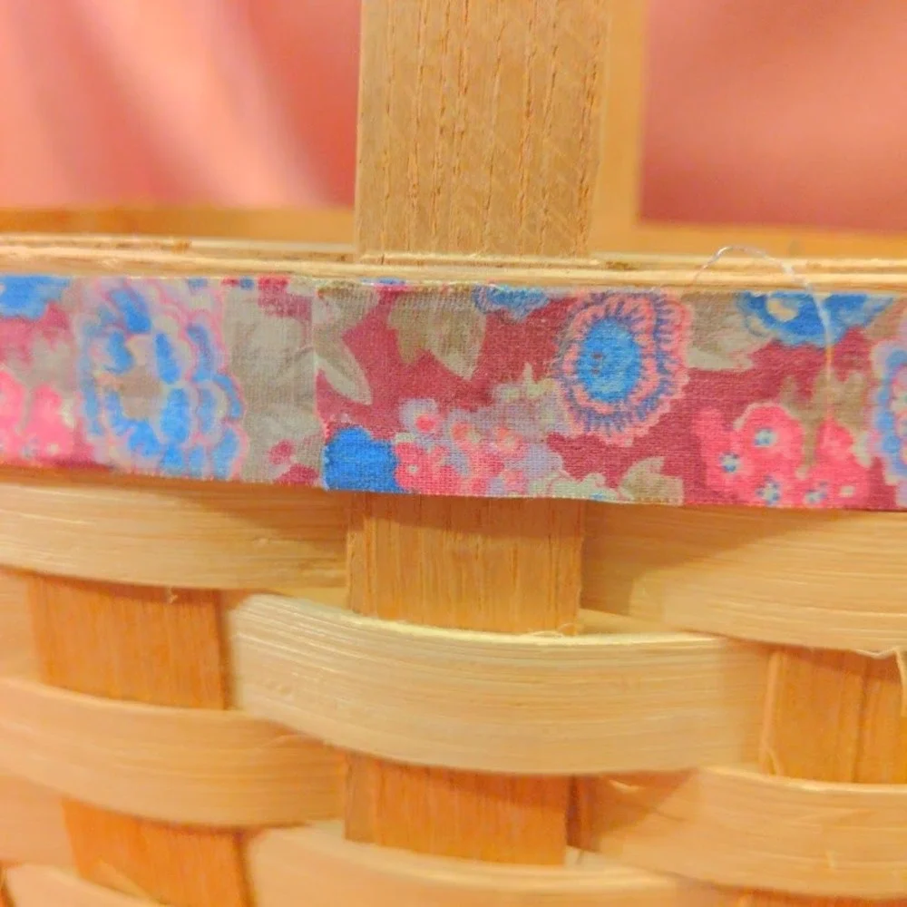 Vintage Woven Wood Splint Basket with Floral Fabric Trim and Fixed Handle